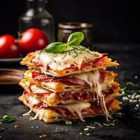 pizza Napoleon ,Italiaans voedsel Aan een donker rustiek achtergrond, generatief ai. foto