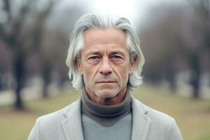Europese Mens in jaren 70, medium grijs haar, park achtergrond , generatief ai foto