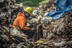 een arbeider in veiligheid uitrusting sorteren door een stapel van recyclebaar materialen voor milieu duurzaamheid ,generatief ai foto