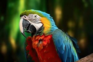 een kleurrijk ara papegaai tegen oerwoud achtergrond. genereren ai foto