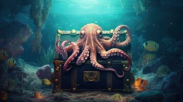 Octopus met schat borst onderwater- in oceaan. generatief ai foto