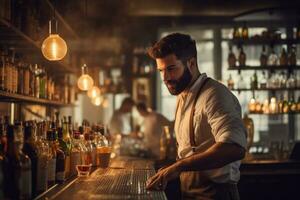 barman werken Bij teller Aan bar ruimte. foto