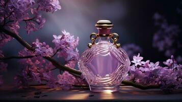 parfum fles met lila bloemen foto