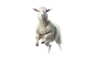 een schaap, gelukkig schapen jumping geïsoleerd Aan wit achtergrond. generatief ai foto