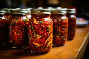 rood Chili paprika's Aan de tafel. foto