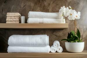 plank met handdoeken Bij hotel spa. foto