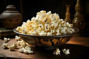 popcorn in een kom Aan de tafel. generatief ai foto