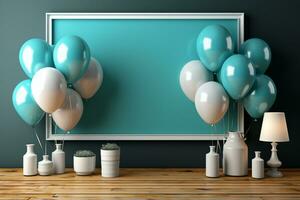 partij voorbereiding, kleurrijk ballonnen, wit kader, blauw houten tafel ai gegenereerd foto