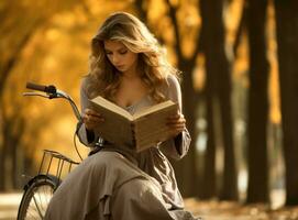 herfst achtergrond met vrouw en fiets foto