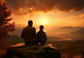 een Mens en jongen zittend Aan top van een berg naar nemen een visie in de zonsondergang foto