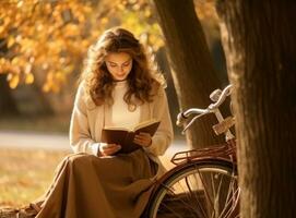 herfst achtergrond met vrouw en fiets foto