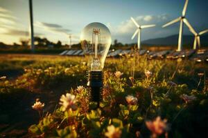 groen energie visie, zonne- paneel en wind turbine gloeilamp temidden van natuurlijk bodem ai gegenereerd foto