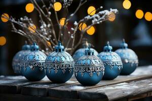 blauw Kerstmis bal Aan winter landschap foto