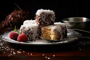 lamingtons, spons taart met chocola en kokosnoot. generatief ai foto