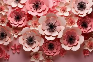 papercraft bloemen Aan roze backdrop reeks feestelijk humeur voor kinderen vakantie partij ai gegenereerd foto