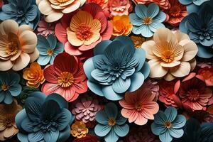 kleurrijk papercraft bloemen reeks de tafereel voor een kinderen vakantie partij ai gegenereerd foto