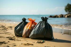 verzameld plastic en verspilling vullen groot Tassen Aan de strand ai gegenereerd foto