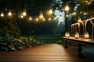 houten veranda met hangende lichten, leidend naar een tuin pad ai gegenereerd foto