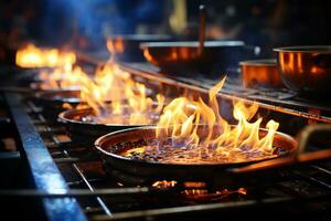 culinaire vuur, blauw en geel vlammen van keuken fornuis ai gegenereerd foto