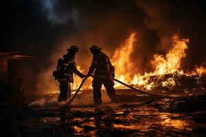twee brandweerlieden vechten een brand met een slang en water ai gegenereerd foto