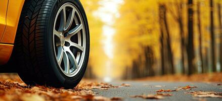 auto Aan een asfalt weg met herfst bladeren Aan kopiëren ruimte. ai gegenereerd foto