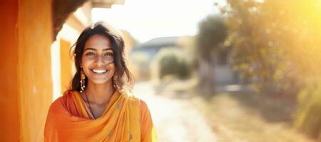 een jong Indisch vrouw in een Saree met kopiëren ruimte. ai gegenereerd foto