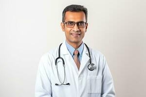 een volwassen Indisch mannetje dokter Aan een wit achtergrond. ai gegenereerd foto