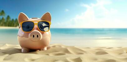 zomer varkentje bank met zonnebril Aan de strand. spaargeld voor vakantie. ai gegenereerd foto