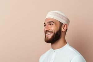 jong moslim Mens vervelend kufi op zoek weg geïsoleerd Aan roze achtergrond. ai gegenereerd foto