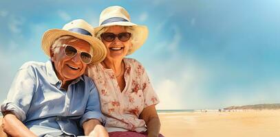 senior paar ontspannende Aan de strand gedurende zomer. ai gegenereerd foto