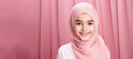 weinig Maleis meisje vervelend hijab met kopiëren ruimte. ai gegenereerd foto