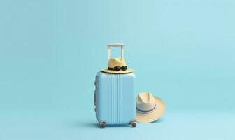 blauw koffer met zonnebril Aan een pastel blauw achtergrond. reizen concept. generatief ai foto