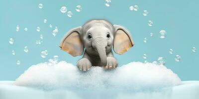 minimalistische albino olifant in een bad van zeep bubbels tegen een cyaan achtergrond. ai generatief foto