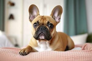 schattig Frans bulldog in een slaapkamer, detailopname. ai generatief foto