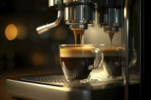 een professioneel koffie machine voorbereidingen treffen een espresso koffie in een glas beker, ai generatief foto