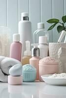 pastel huidsverzorging producten geregeld in een wit badkamer. barbiecore helder palet bedenken spandoek. ai generatief foto