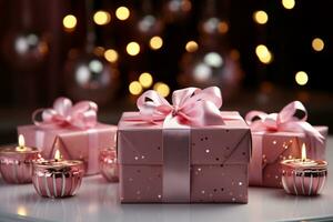 roze partij voorwerpen, geschenk doos, leeg kopiëren ruimte ai gegenereerd foto