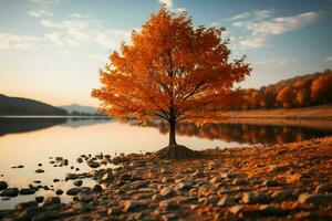 een adembenemend visie herfst boom bladeren, lucht net zo de pittoreske achtergrond ai gegenereerd foto