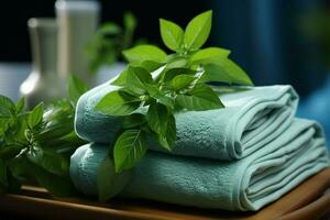 spa kalmte groen blad, handdoek, en rustig blauw ai gegenereerd foto