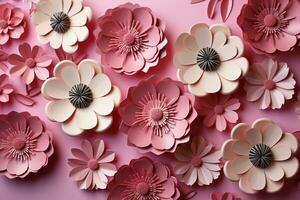 papercraft bloemen Aan roze backdrop reeks feestelijk humeur voor kinderen vakantie partij ai gegenereerd foto