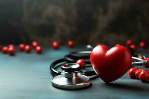 donker backdrop stethoscoop en rood hart symboliseren vitaal hart Gezondheid ai gegenereerd foto