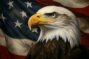 de majestueus kaal adelaar is weergegeven tegen de backdrop van een symbolisch Amerikaans vlag met staten. genereren ai foto