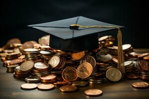 beurs dromen, diploma uitreiking hoed met munten Aan wit backdrop ai gegenereerd foto