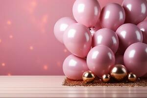 top visie partij opstelling, kader, pastel ballonnen, confetti Aan roze tafel ai gegenereerd foto