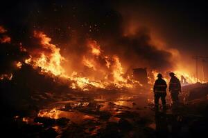 laaiend vodje hel, twee brandweer in silhouet ai gegenereerd foto