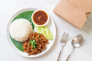 pittig gegrild varkensvlees met rijst en pikante saus op aziatische wijze foto