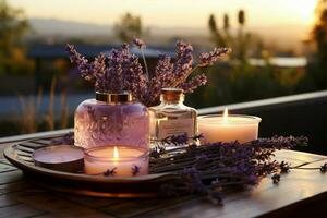 aromatherapie veilige haven panoramisch lavendel visie, vergezeld door essentieel olie flacons ai gegenereerd foto