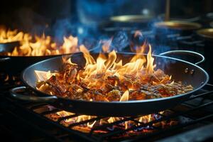 brandend heet blauw geel brand vlammen van een fornuis voor Koken in een keuken ai gegenereerd foto