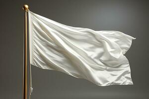 wit vlag fladdert Aan vlaggenmast, detailopname, grijs achtergrond ai gegenereerd foto