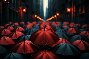 stad achtergrond, rood paraplu onderscheiden tussen zwart paraplu's ai gegenereerd foto